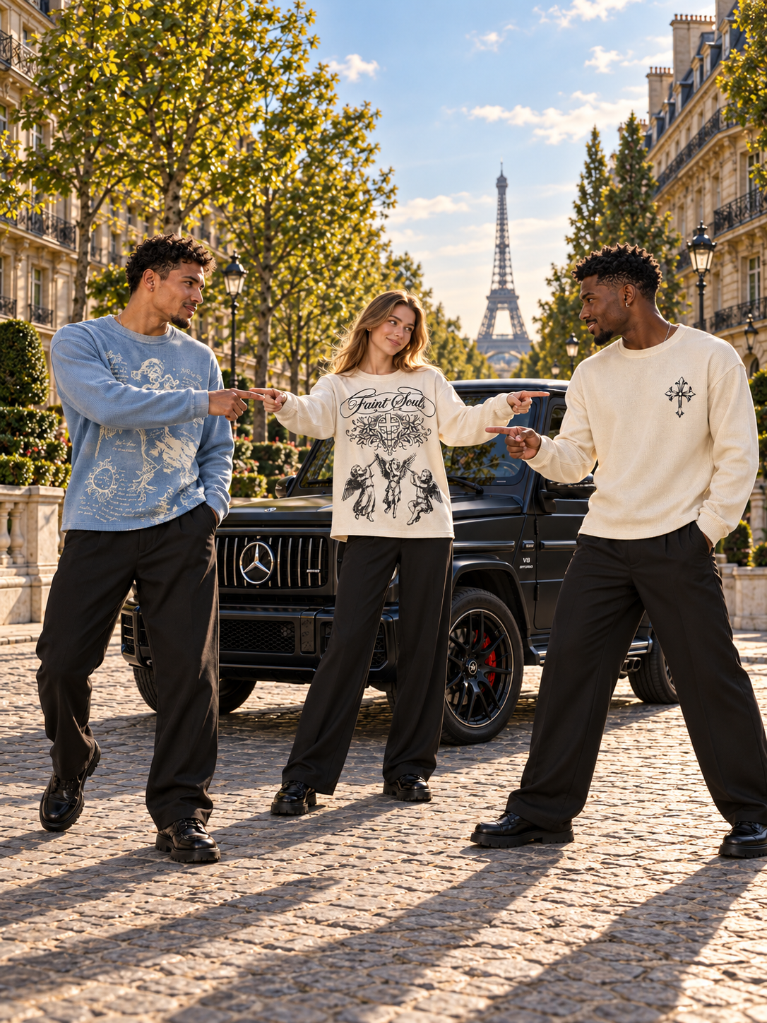 Rare Matter Paris campaign in portrait: three adult models wearing blue Celestial Archive, ivory Faint Halo and cream Crimson Manuscript longsleeves, with a satin-black G 63 and Eiffel Tower.